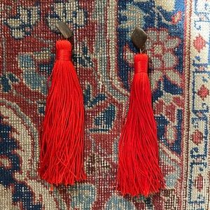 Long red tassel dangle earrings